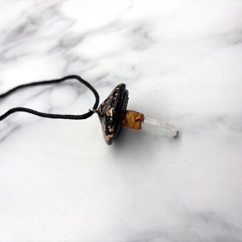 Black Mushroom Necklace with Quartz Crystal | Gold Leaf Polymer Clay Pendant - Picture 7 of 10